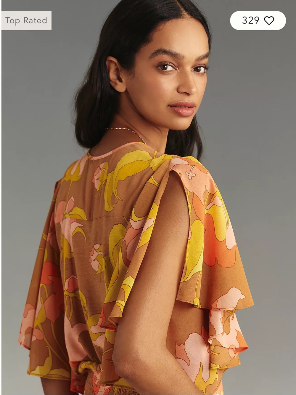 Women's Floral Flutter-Sleeve Blouse in Rust and Yellow